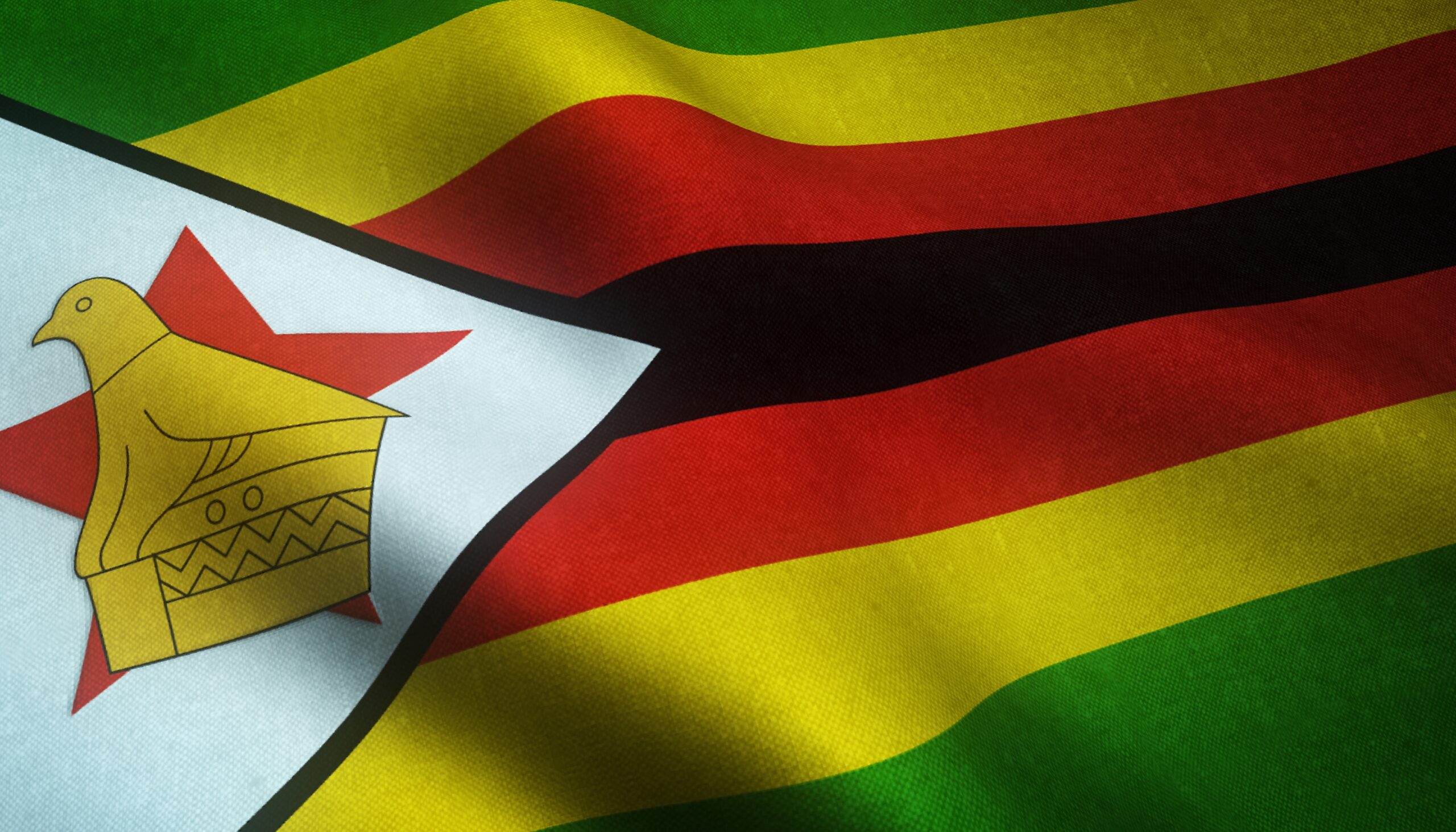 Closeup shot of the realistic flag of Zimbabwe with interesting textures Closeup shot of the realistic flag of Zimbabwe with interesting textures